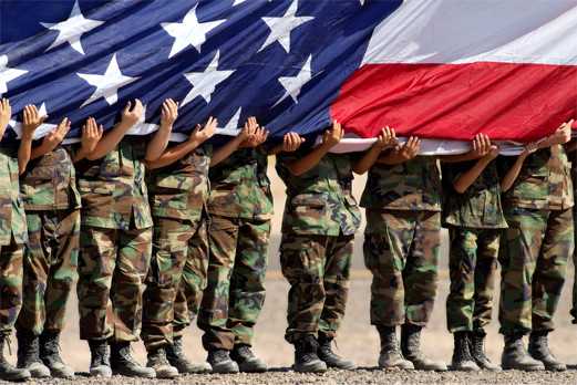 line of soldiers with american flag